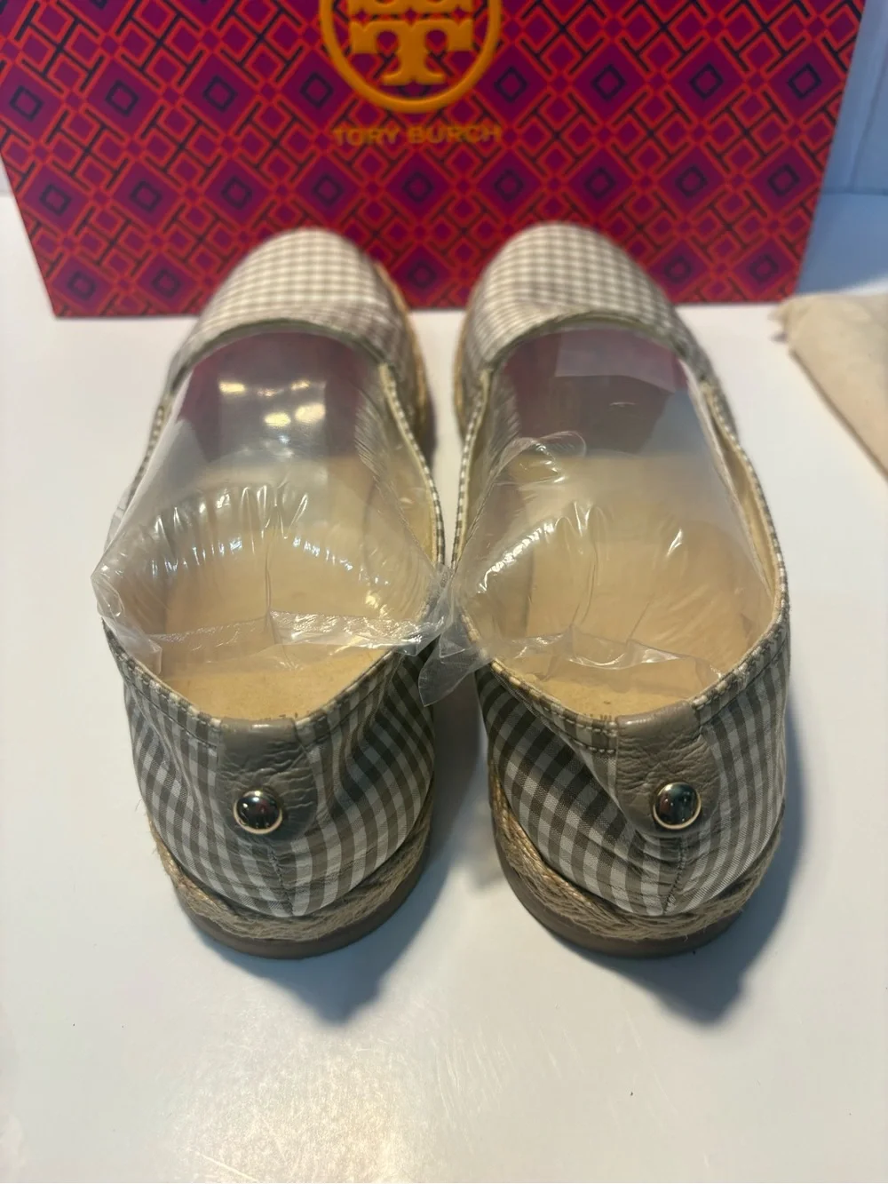 Stuart Weitzman Tan and White Gingham Espadrille Flats